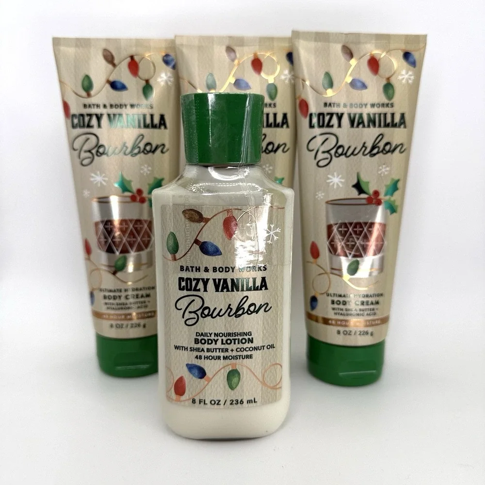 LOT OF (4) Bath & Body Works Cozy Vanilla Bourbon Body Care Set Lotion Cream NEW